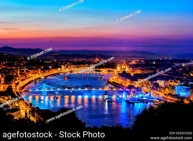 Blue hour in city of Budapest by the Danube River, tranquil twilight evening in capital city of Hungary