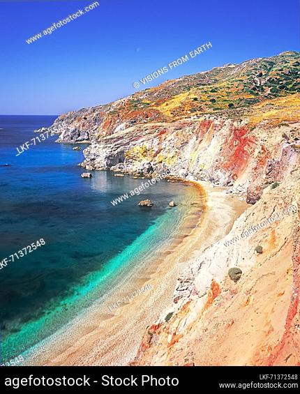 Top view of the volcanic beach of Paleokori, Milos, Cyclades Islands, Greece, Europe