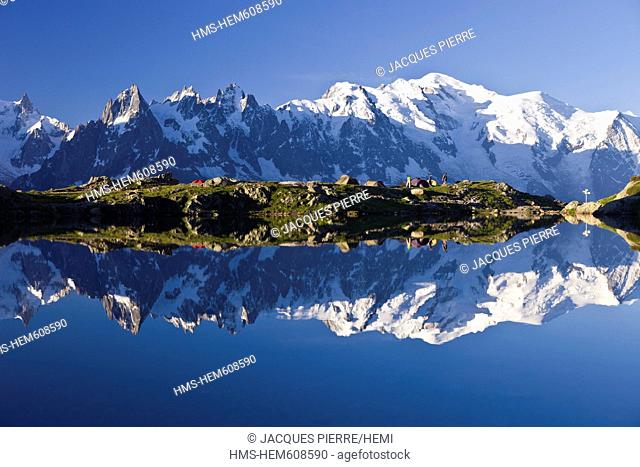 France, Haute Savoie, Chamonix Mont Blanc, wilderness camping on the lac des Cheserys in the Reserve Naturelle Nationale des Aiguilles Rouges Aiguilles Rouges...