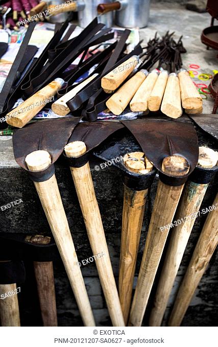 Collection of traditional Naga tribal work tools, Kisama, Kohima, Nagaland, India
