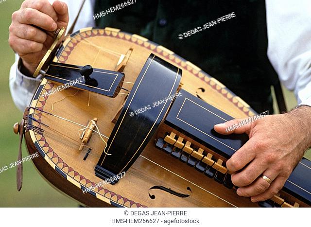 France, Saone et Loire, Anost, hurdy-gurdy, ancient string instrument, during the annual Festival de la Vielle Hurdy-gurdy Festival in August