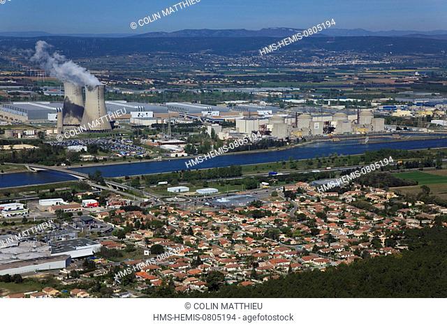 France, Drome, Tricastin industrial nuclear site, cooling tower of Eurodif uranium enrichment plant operated by Areva and electricity supply by the EDF's...