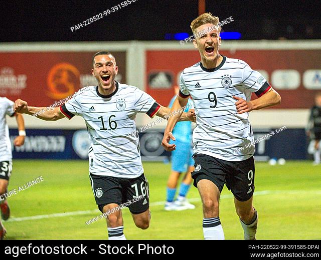 22 May 2022, Israel, -: Soccer, U17 Juniors: European Championship, Israel- Germany, Preliminary Round, Group A..Lod, Israel - Nelson Weiper celebrates after...