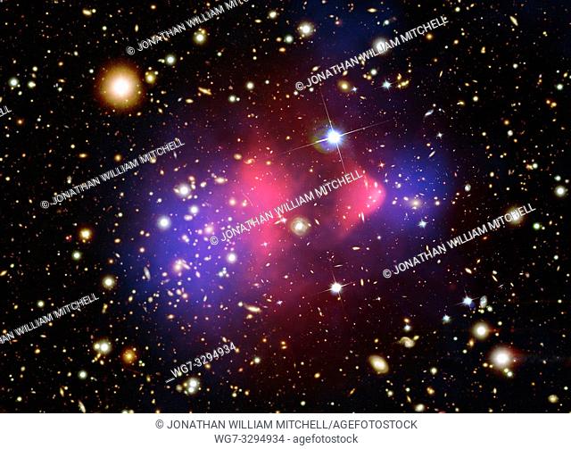 OUTER SPACE -- Visible-Light and X-Ray Composite Image of Galaxy Cluster 1E 0657-556 -- Picture by Lightroom Photos / NASA / Topfoto
