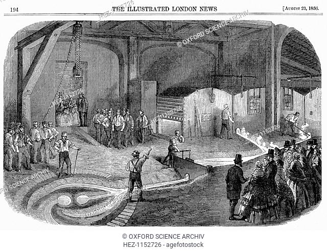 Casting the bell for the Westminster Clock Tower, 1856. Tapping furnaces at Warner & Sons' Barrett Furnaces, Stockton-on-Tees, England