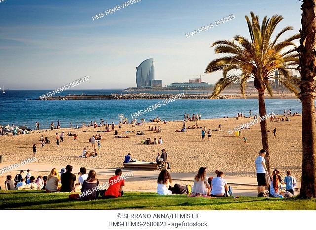 Spain, Catalonia, Barcelona, Port Olimpic, Olimpic Harbor, Barceloneta Beach and Vela W Hotel in background