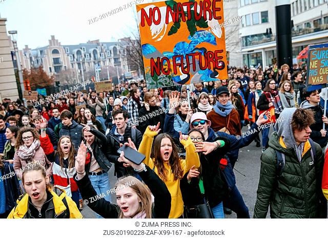 BRUSSELS, Feb. 28, 2019 Students hold placards as they attend a climate march in Brussels, Belgium, on Feb. 28, 2019. A new climate march by schoolchildren and...