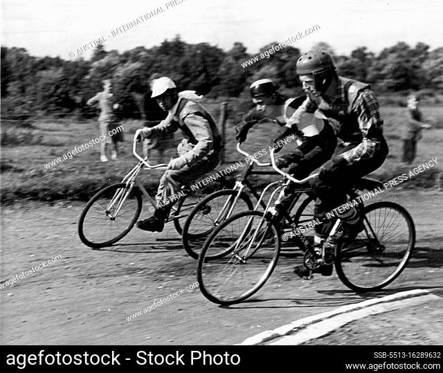 The battle for positions at the first bend is just as important in these cycle speedway races as it is with the motor-bikes. October 01, 1953