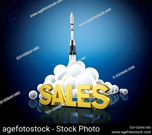 Sales text standing in front of a launching rocket. Business and success concept. 3D illustration