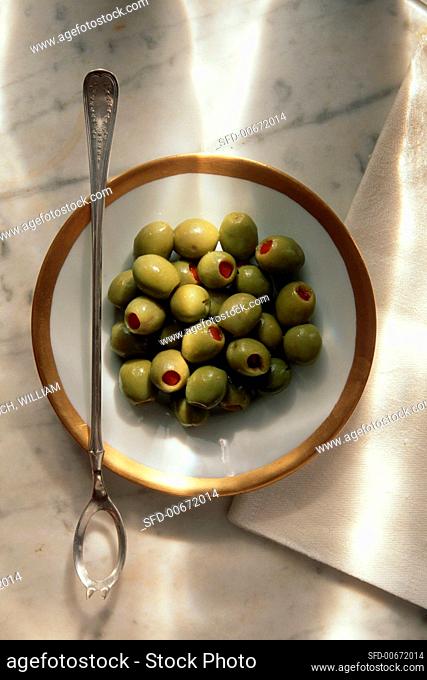 Dish of Green Olives with Pimentos, Olive Spoon