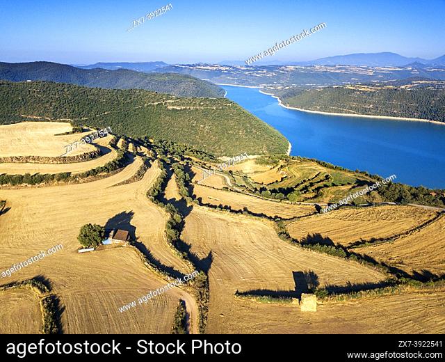 Aerial view of Rialb reservoir in the Segre river near Tiurana village in Lleida province, Catalonia Spain. . . The Rialb reservoir