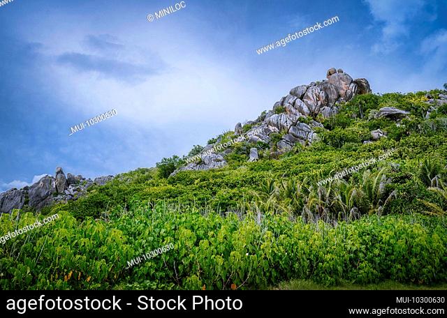 La Digue Island, Seychelles. Beautiful tropical landscape of green hills on the shores of the Indian Ocean