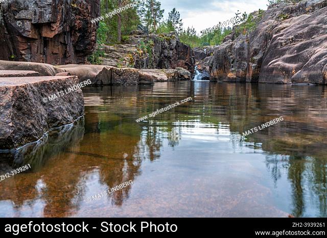 Storforsen nature reserve, canyon with pool of water and waterfall, Älvsbyn county, Norrbotten province, Sweden