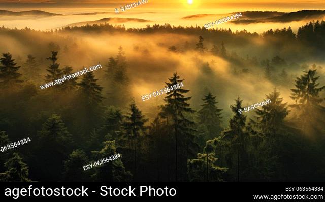 This breathtaking aerial view captures the first rays of the morning sun as they filter through the lush green canopy of the North German forest