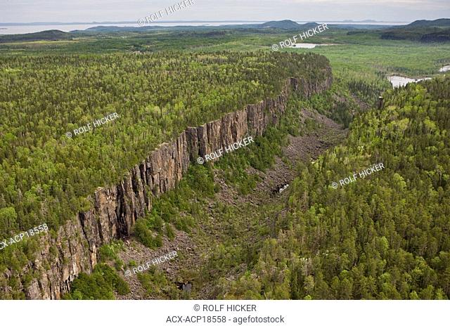 Aerial view of the Ouimet Canyon in the Ouimet Canyon Provincial Park, Dorion, Ontario, Canada