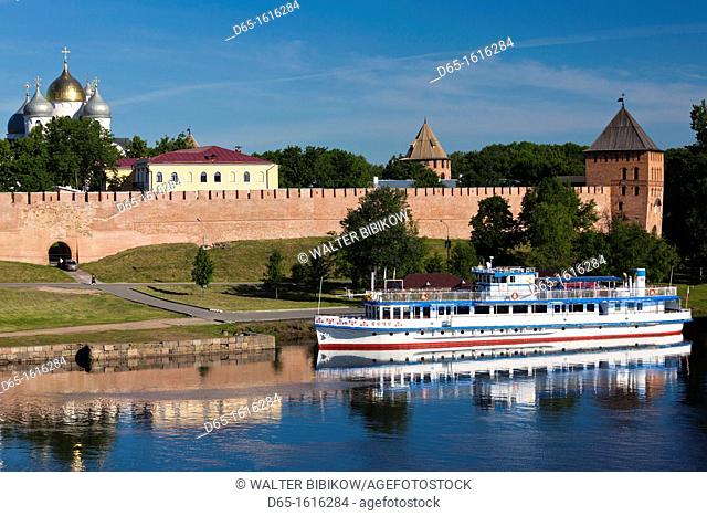Russia, Novgorod Oblast, Veliky Novgorod, Novgorod Kremlin, view from the Volkhov River, morning