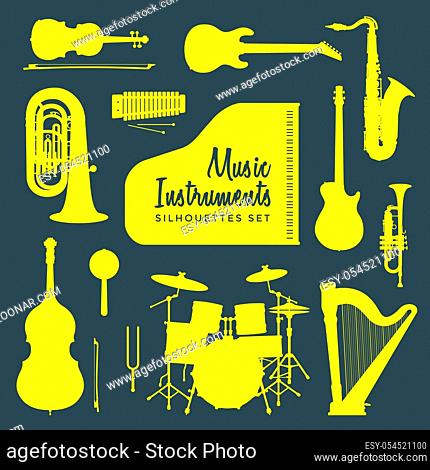 vector yellow color various music instruments silhouettes set isolated on dark background