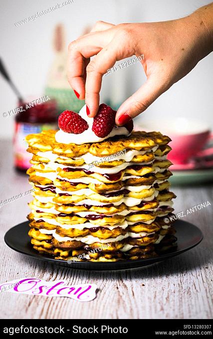 Waffle cake with raspberries for Easter