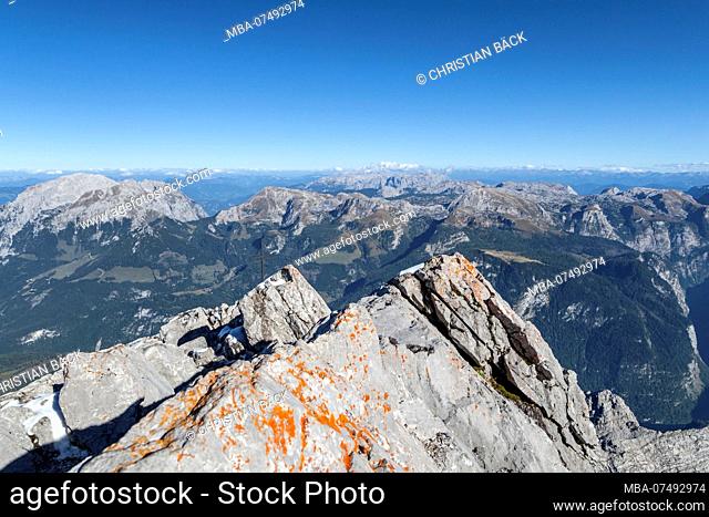 View from the Hocheck (2651 m) on the Göllstock with Hoher Göll (2522 m), Hohes Brett (2340 m) and Jenner (1874 m) and the Schneibstein (2276 m), Ramsau