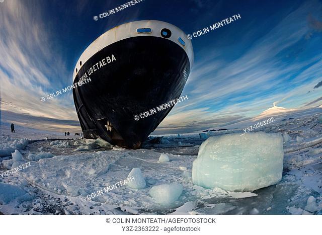 Marina Svetaeva, Ice-strengthened Russian cruise ship ( Aurora Expeditions) in McMurdo Sound - volcano Mt Erebus behind