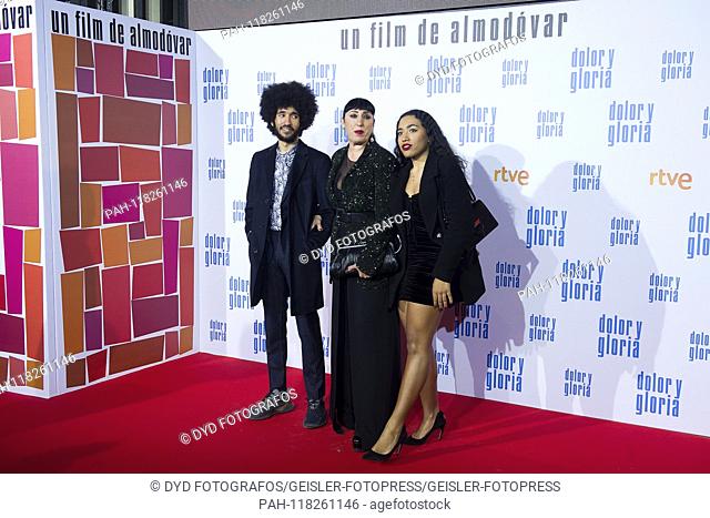 Gabriel, Rossy de Palma and Luna Lionne at the premiere of the movie 'Dolor y Gloria / Pain & Glory' at the Cine Capitol. Madrid, 13.03