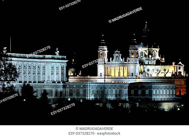 Night aerial view of The Almudena cathedral and Palace Real in Madrid, Spain