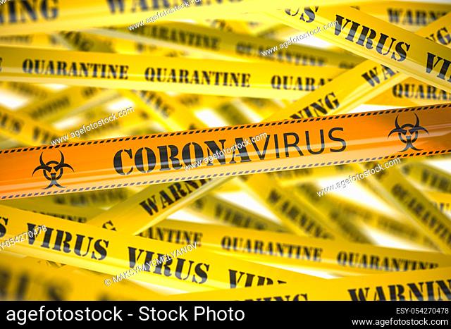 Coronavirus caution on yellow warning tape. Viral epidemyic and apndemic in China. 3d illustration