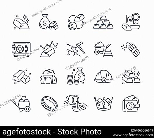 Big set of gold icons. Price change, mine, dynamite, safe deposit, stack of gold bars. Editable Stroke. Collection of outlined linear minimal style vector...