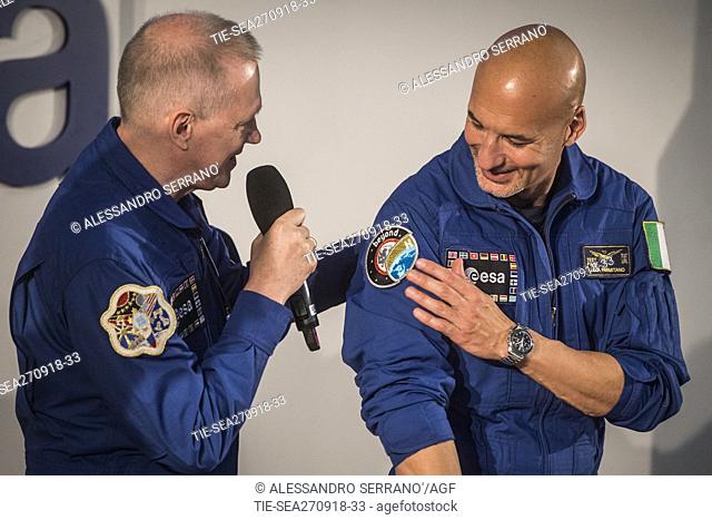 Luca Parmitano, Belga Frank De Winne during ESA announces the next Italian-led ISS space mission, Rome 27 Sept 2018