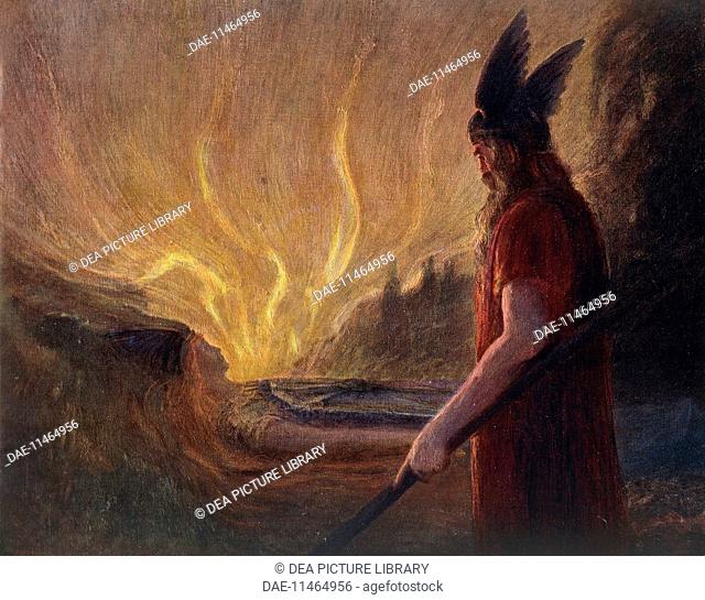 Wotan's farewell to Brunnhilde, watercolour by Hermann Hendrich (1856-1931) for The Ring of the Nibelung by Richard Wagner (1813-1883)