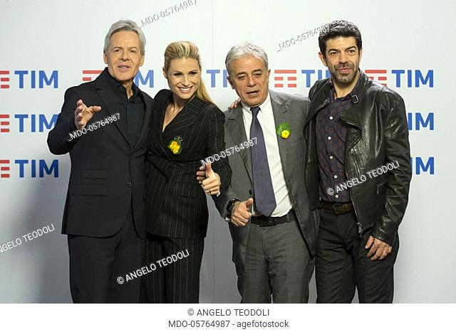 Tv hosts Michelle Hunziker, Pierfrancesco Favino and Claudio Baglioni with Angelo Teodoli, Rai 1 CEO at 68th Festival di Sanremo press room