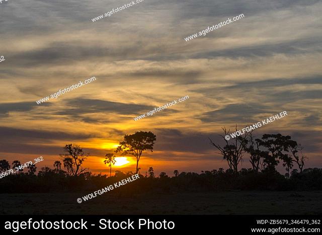 Sunset over the Gomoti Plains area, a community run concession, on the edge of the Gomoti river system southeast of the Okavango Delta, Botswana