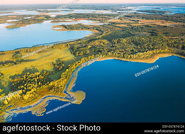 Braslaw Or Braslau, Vitebsk Voblast, Belarus. Aerial View Of Nedrava Lake And Green Forest Landscape In Sunny Autumn Morning