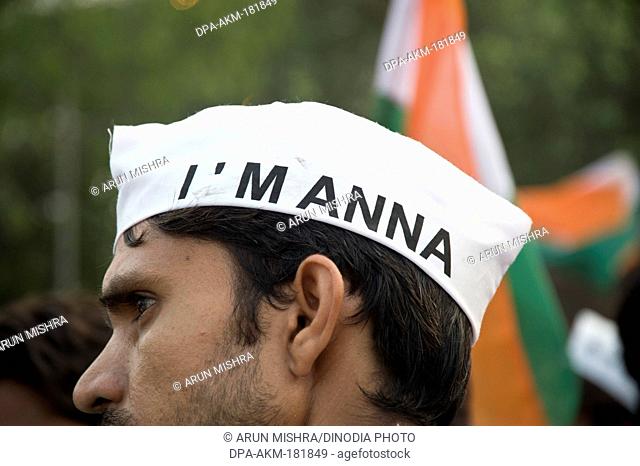 Anna Hazare Supporters with cap at ramlila maidan new delhi India Asia