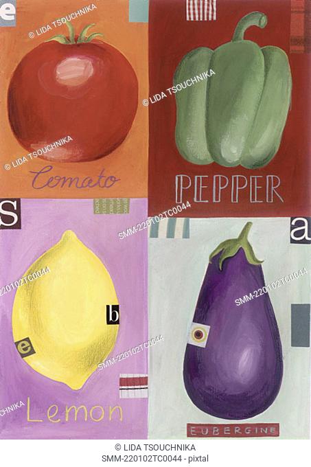 A tomato, a pepper, a lemon, and an eggplant