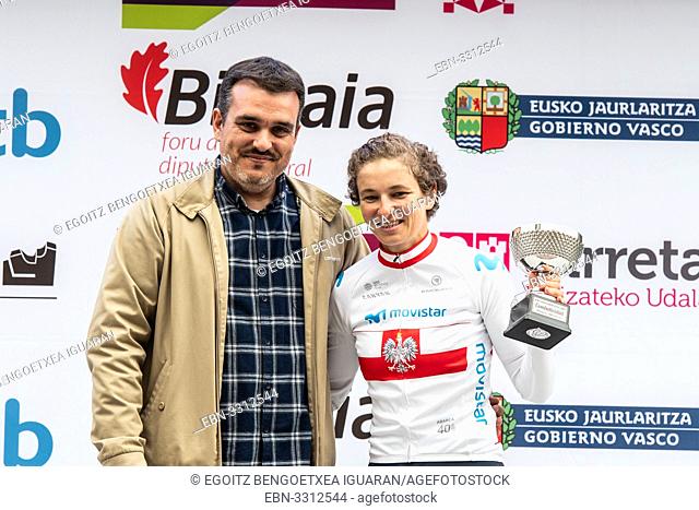 Malgorzata Jasinska, most agresive woman, at the podium of the 2nd stage of UCI women cycling race Emakumeen Bira, at the Basque Country