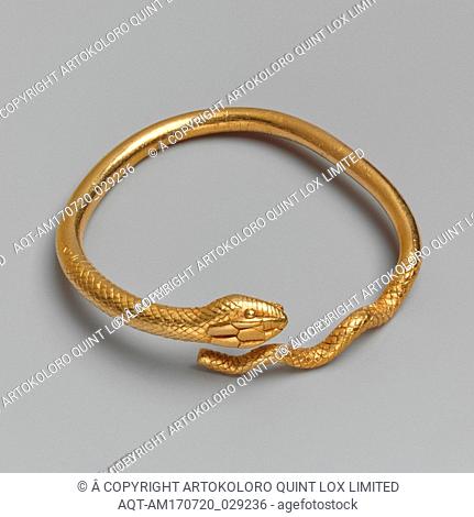 Gold bracelet in the form of a snake, Early Hellenistic, ca. 300â€“250 B.C., Greek, Ptolemaic, Gold, 3 5/16 in. (8.5 cm), Gold and Silver