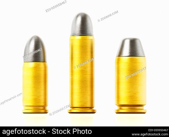 Various pistol bullets isolated on white background. 3D illustration