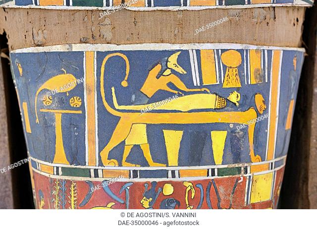 Cartonnage (Ancient Egyptian mummy case) covering the pelvic area and the upper part of the legs of a mummy of a member of the middle class depicting an...