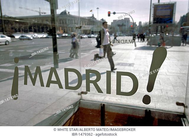 Storefront window with lettering Madrid, Plaza Colon, Madrid, Spain, Europe