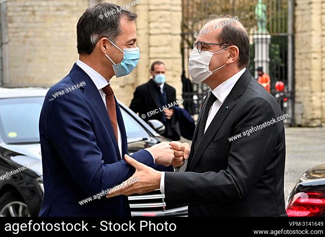 Prime Minister Alexander De Croo and Prime Minister of France Jean Castex pictured at the arrival for a diplomatic meeting between Belgium and France to discuss...