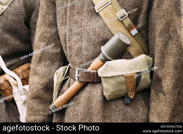Close up of military ammunition of a Red Army Russian Soviet Infantry Soldier at World War II. Soldier's warm cotton wool-padded jacket - Telogreika or vatnik