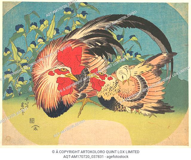 éœ²è‰ã«é¶ã¨é››, Rooster, Hen and Chicken with Spiderwort, Edo period (1615â€“1868), ca. 1830â€“33, Japan, Polychrome woodblock print; ink and color on paper
