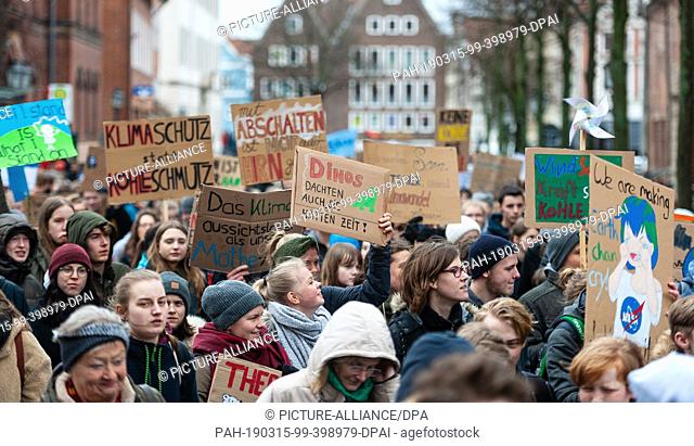 15 March 2019, Lower Saxony, Lüneburg: Students demonstrate with signs in their hands, as part of the movement ""Fridays for Future"" for a different climate...