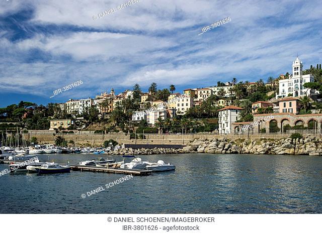 Port and villas, Bordighera, Imperia, Riviera dei Fiori, Liguria, Italy