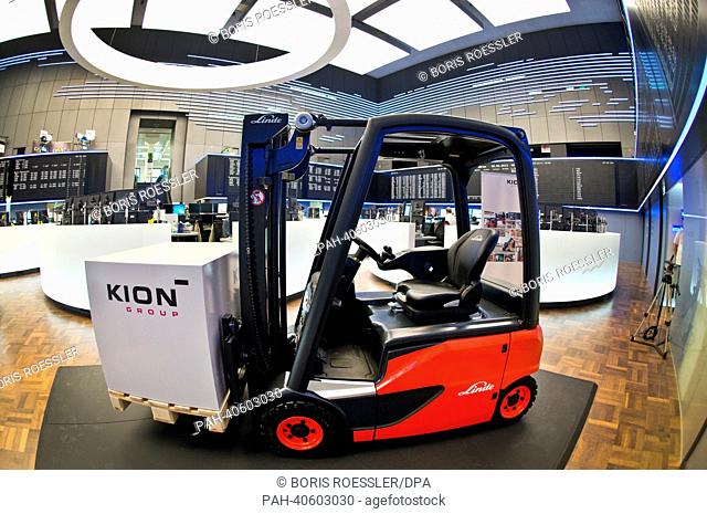 A forklift truck of multinational manufacturer of forklifts Kion is presented on the floor of the Stock Exchange prior to the stock market launch of the company...