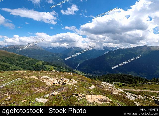 Alps, in the valley of the river Inn, view from Venet mountain station, long distance hiking trail E5, Zams, Tyrol, Austria