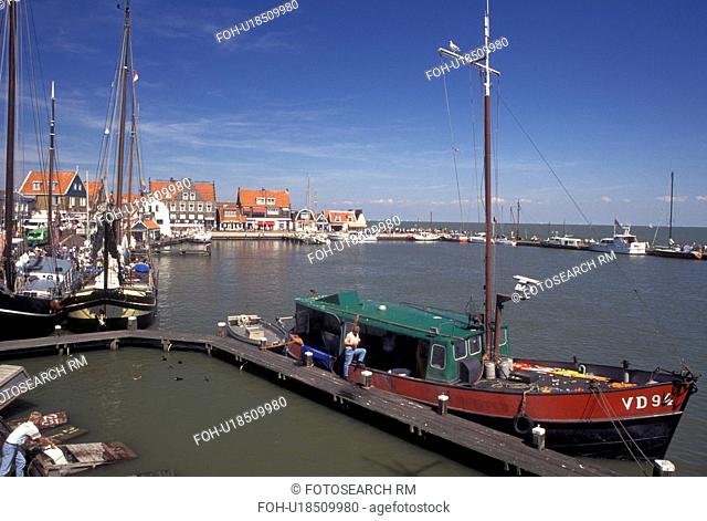 Holland, Volendam, Netherlands, Noord-Holland, Europe, Waterfront on the harbor on Markermeer in the town of Volendam
