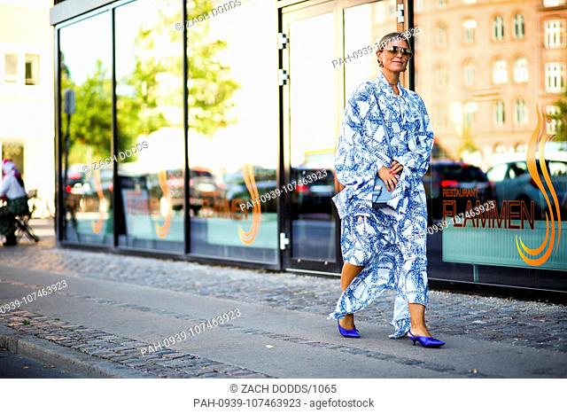 Janka Polliani walking outside the Lupe presentation party during Copenhagen Fashion Week - Aug 7, 2018 - Photo: Runway Manhattan ***For Editorial Use Only*** |...