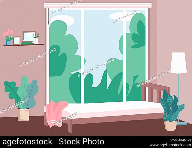 Modern bedroom interior flat color vector illustration. Cozy bed and houseplants in contemporary room. 2D cartoon interior with trees at daytime view behind...
